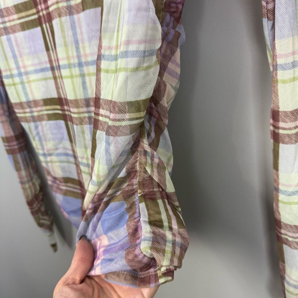 CINQ A SEPT | Plaid Turtleneck Long Sleeve Sheer Mesh Top Women’s Size Medium - Picture 3 of 7